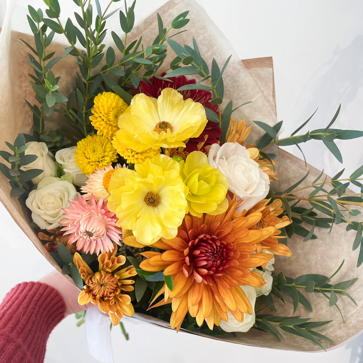 Host gift idea order a signature Thanksgiving hand-tied bouquet with fall flowers in shades of orange, rust, burgundy, and gold available for Edina pick-up or Minneapolis delivery