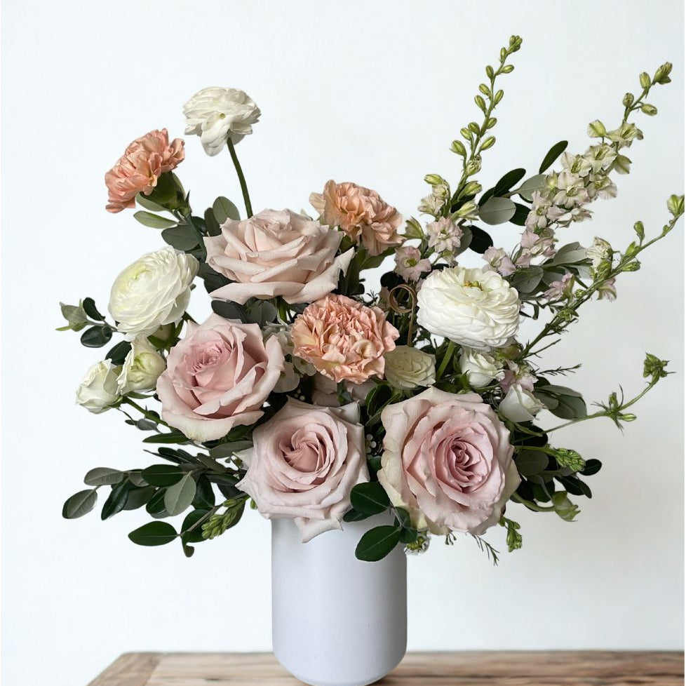Luxury Signature sympathy floral arrangement in ceramic vase, garden-inspired refined design delivered to NE Minneapolis, Linden Hills, and Plymouth