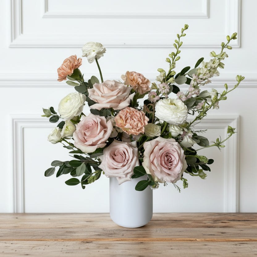 Luxury Signature sympathy floral arrangement in ceramic vase, garden-inspired refined design delivered to NE Minneapolis, Linden Hills, and Plymouth
