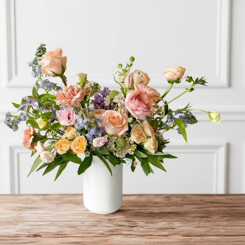 Garden-inspired Signature floral arrangement with light, colorful seasonal blooms in ceramic vase, luxury arrangement for Minneapolis delivery
