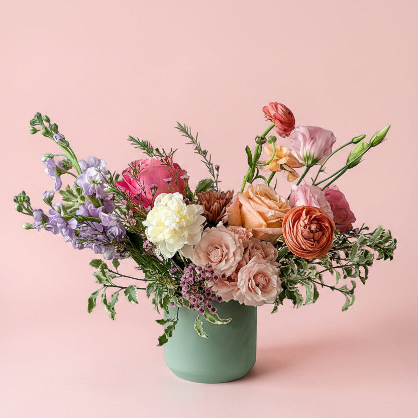 Spring wildflower floral arrangement with peonies, roses, ranunculus, lisianthus and stock for mother's day gift. Flower delivery or pickup in Minneapolis, Edina, Plymouth, Wayzata, Eden Prairie, Bloomington, Richfield, Golden Valley, St. Louis Park, SLP. 