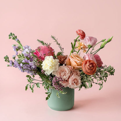 Spring wildflower floral arrangement with peonies, roses, ranunculus, lisianthus and stock for mother's day gift. Flower delivery or pickup in Minneapolis, Edina, Plymouth, Wayzata, Eden Prairie, Bloomington, Richfield, Golden Valley, St. Louis Park, SLP. 