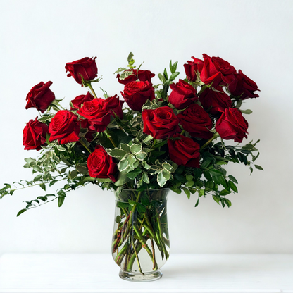Two dozen luxury red roses designed in a glass vase for your anniversary, birthday, just because, or to show your love. Delivery in Minneapolis, edina, or wayzata