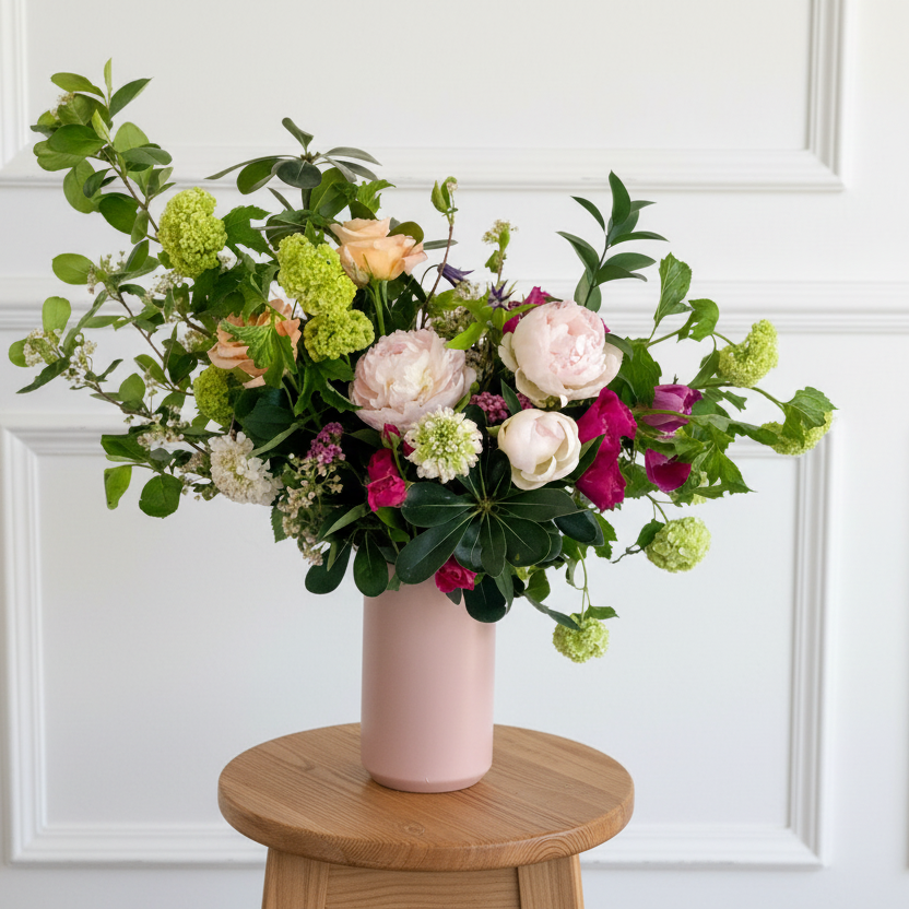 Premium garden-inspired floral arrangement with seasonal blooms in ceramic vase, luxury arrangement for Minneapolis & Edina delivery