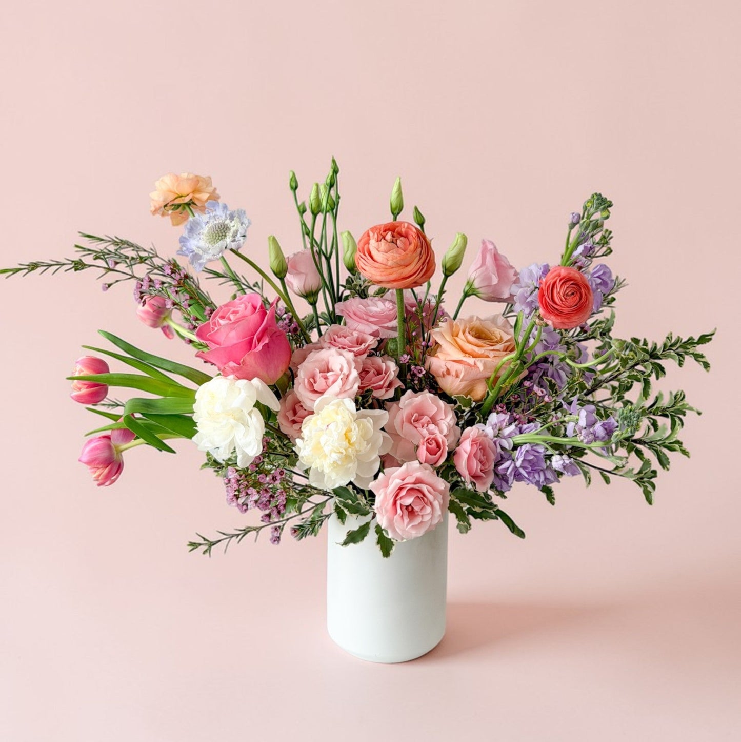 Premium spring flower arrangement for mother's day filled with luxury flowers tulips, peonies, roses, and ranunculus in a vase for delivery or pickup minneapolis edina wayzata richfield bloomington plymouth 