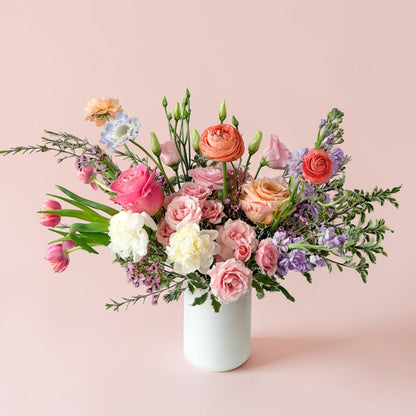 Premium spring flower arrangement for mother's day filled with luxury flowers tulips, peonies, roses, and ranunculus in a vase for delivery or pickup minneapolis edina wayzata richfield bloomington plymouth 