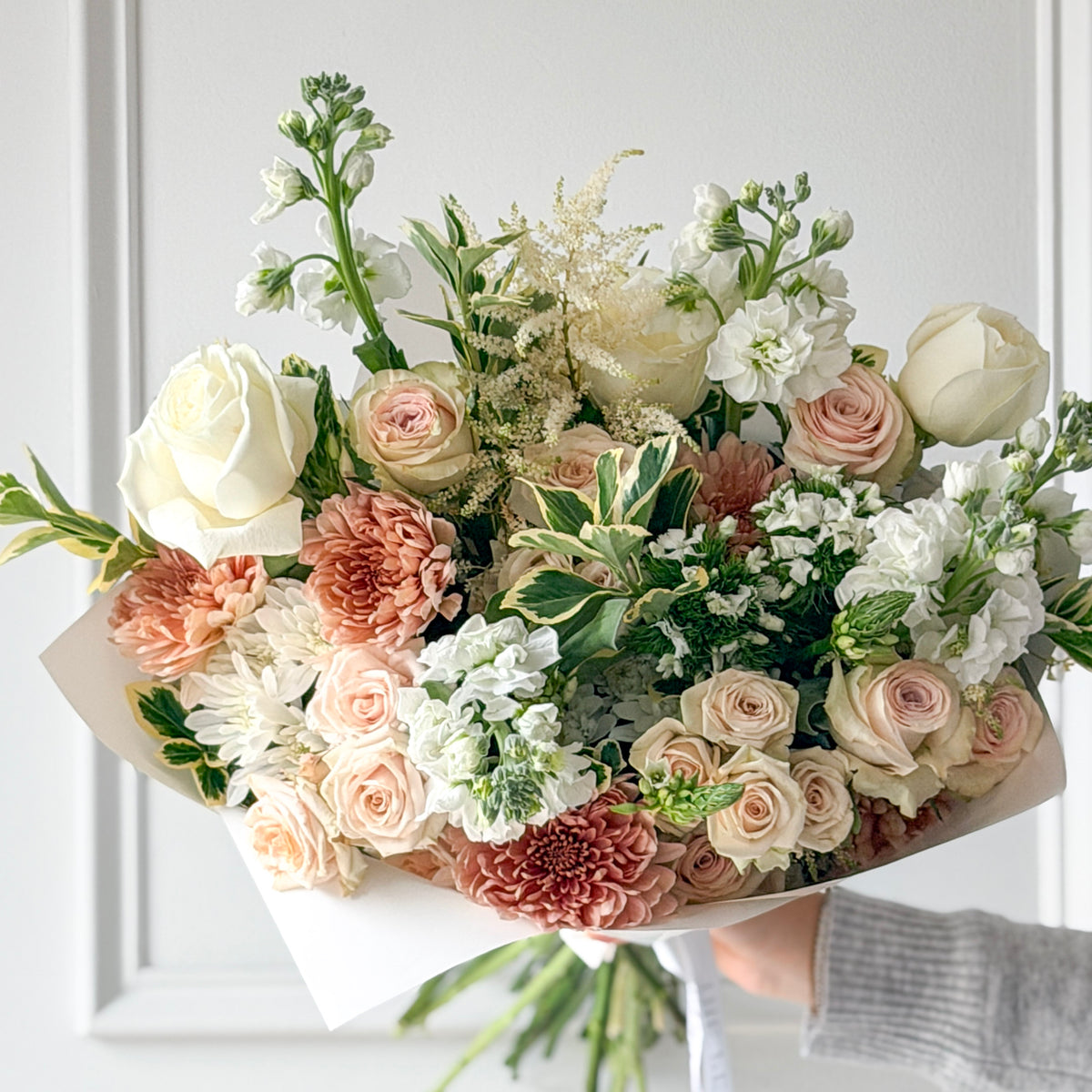 Luxury hand-tied bouquet of soft neutral flowers, the perfect gift for a birthday, anniversary, or just because. Order for delivery or pickup in Minneapolis, Edina, Bloomington, Richfield and Minnetonka.
