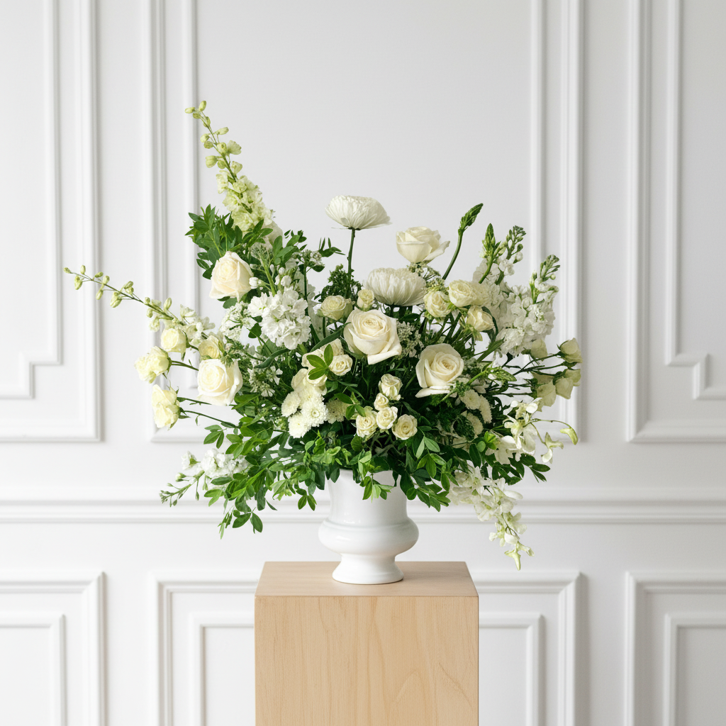 An arrangement of white and green flowers to place at an altar for a funeral or memorial service at a church or funeral home.  Order for delivery to Edina, Golden Valley, Plymouth, Minneapolis and Minnetonka.