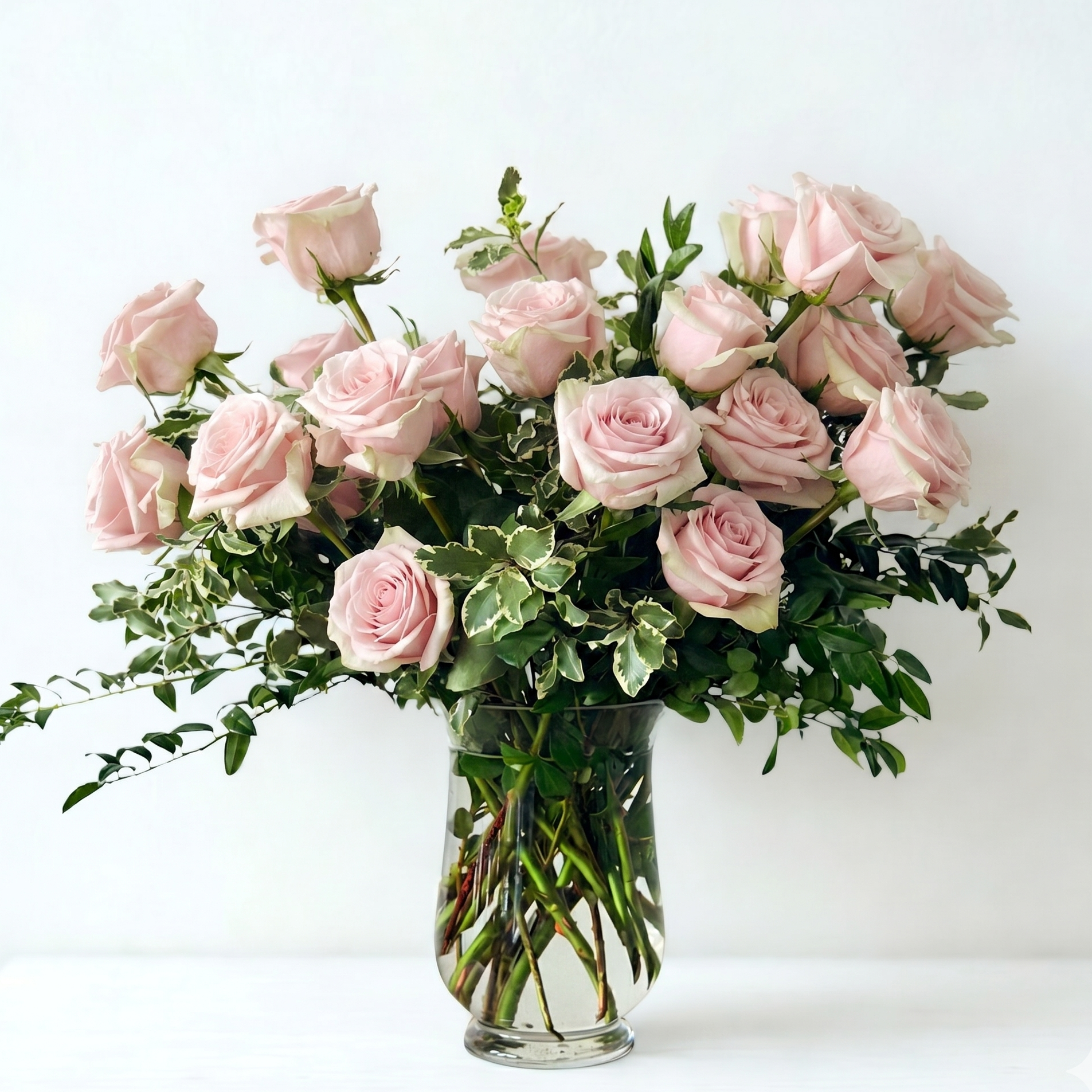 two dozen light pink roses in vase for your anniversary or birthday celebration. The perfect romantic gift for her. Delivery in Minneapolis and Edina