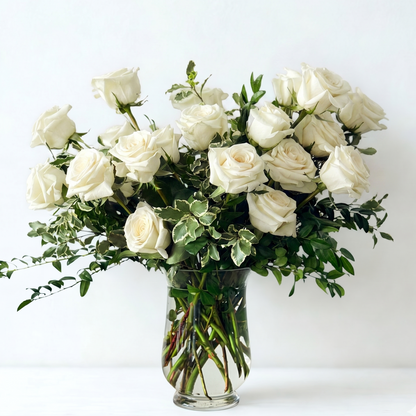 Two dozen premium luxury roses in a glass vase for your love. The perfect romantic gift. Order for delivery Edina, Minneapolis