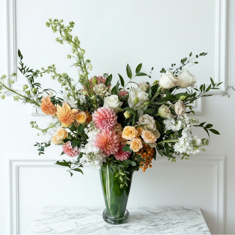 XL garden-style floral arrangement with vibrant seasonal blooms in keepsake vase, luxury arrangement for Minneapolis & Edina delivery