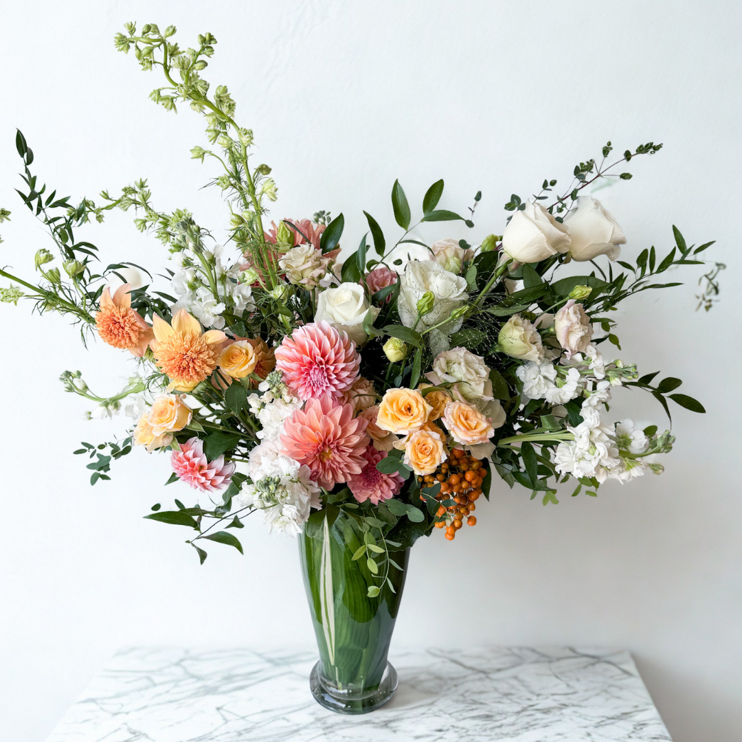 XL garden-style floral arrangement with vibrant seasonal blooms in keepsake vase, luxury arrangement for Minneapolis & Edina delivery