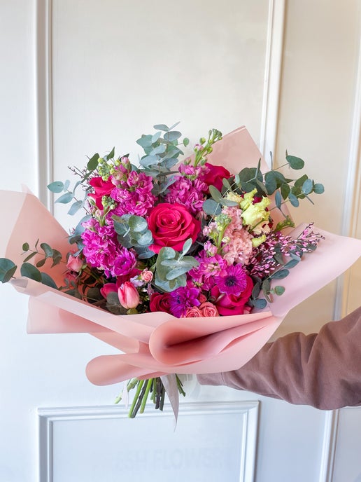 Garden-style Deluxe hand-tied bouquet with vibrant seasonal blooms, luxury arrangement available for same-day delivery