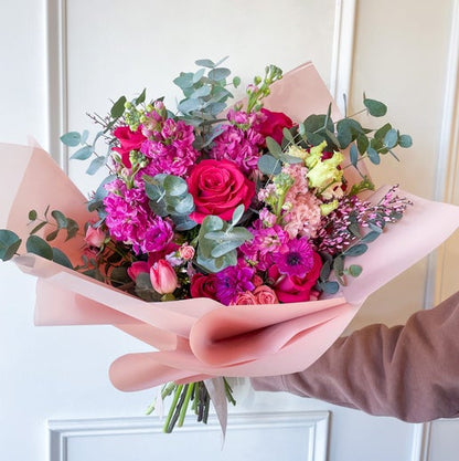Garden-style Deluxe hand-tied bouquet with vibrant seasonal blooms, luxury arrangement available for same-day delivery