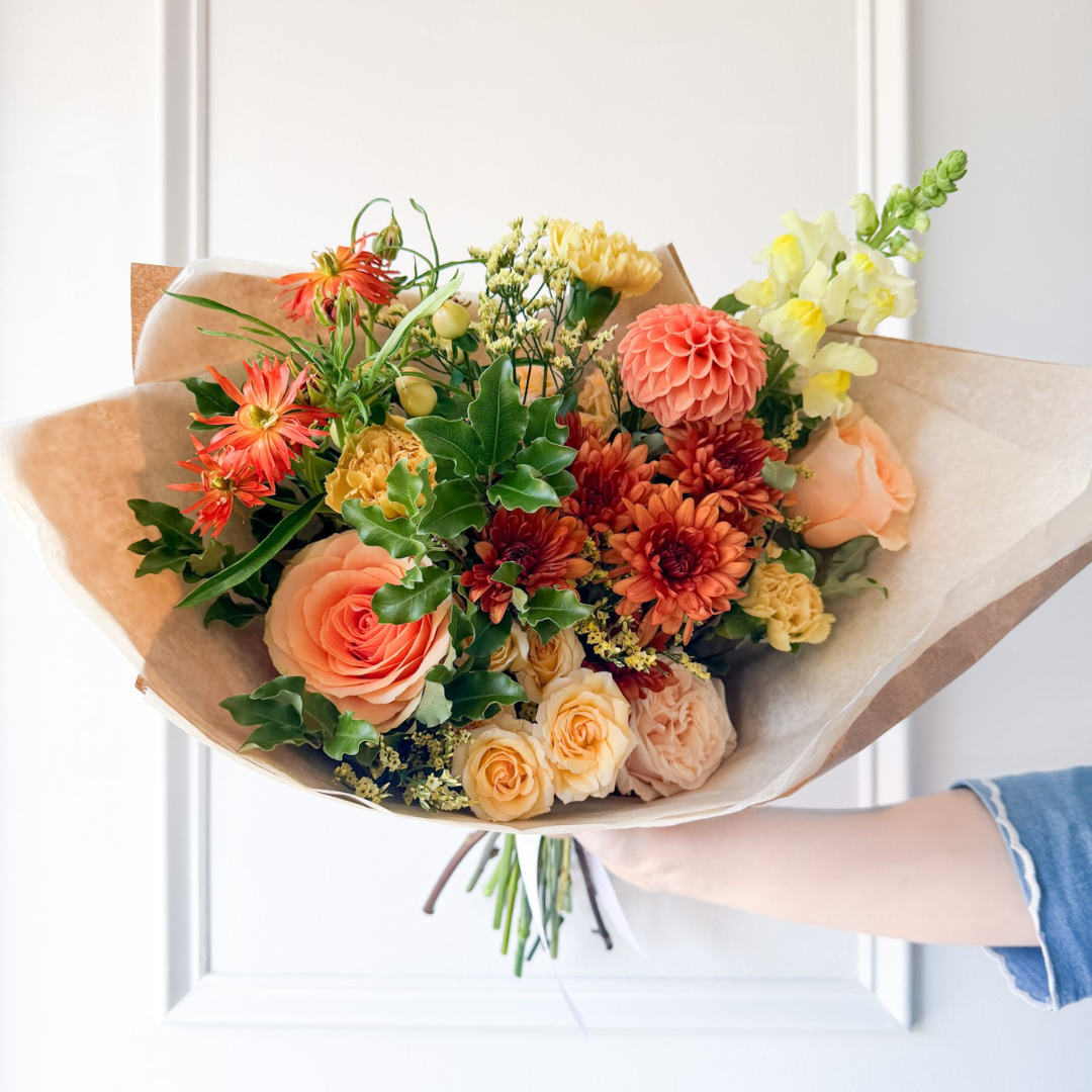 Premium hand-tied bouquet with bold seasonal blooms, luxury garden-inspired floral arrangement in Minneapolis & Edina