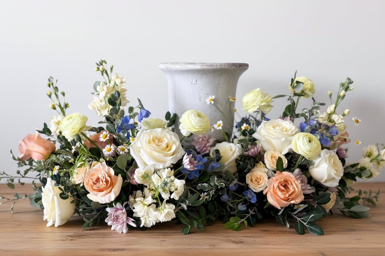 Luxury Classic urn surround with natural seasonal blooms, elegant funeral flower arrangement, pick-up in Edina or delivery to Richfield, Hopkins, and Golden Valley. Cremation society