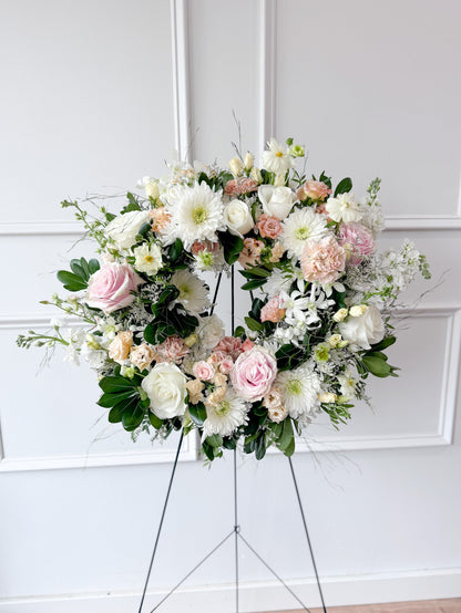Luxury Classic wreath on stand featuring natural seasonal blooms, elegant garden-inspired design, pick-up in Edina or delivery to Richfield, Hopkins, and Golden Valley