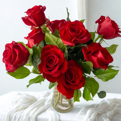 Elegant vase arrangement featuring one dozen deep red premium roses, lush and timeless floral design, perfect romantic gift, with pick-up in Edina or local Minneapolis delivery available, same day delivery up until 1PM daily