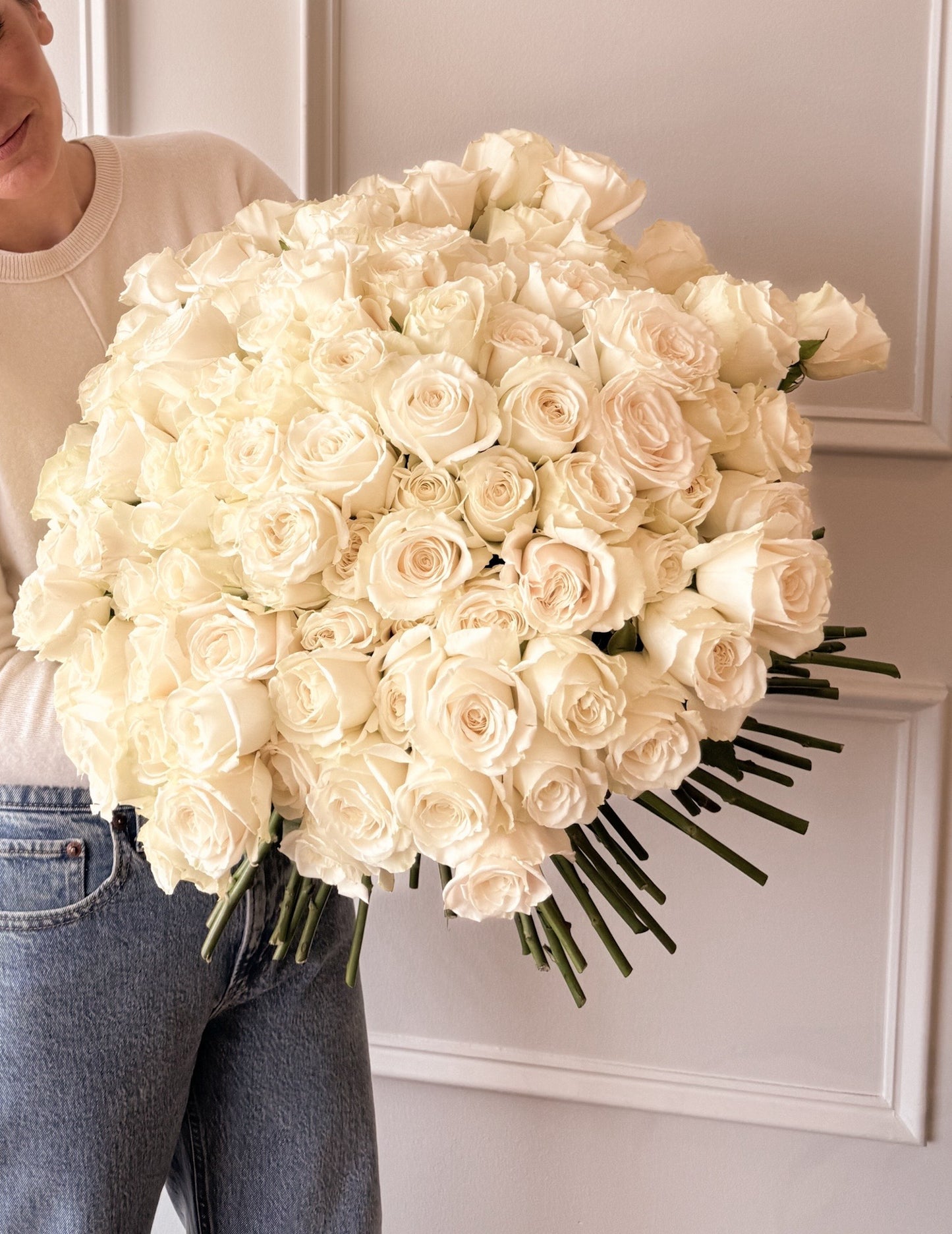 Grand bouquet of premium white roses with pristine blooms in elegant seasonal arrangement, sophisticated luxury floral gift, available for pick-up in Edina or delivery to Excelsior, Plymouth, and Richfield