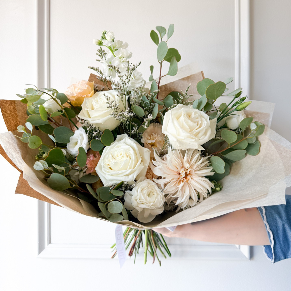 Garden-style Signature hand-tied bouquet with white and green flowers for same day delivery in Minneapolis