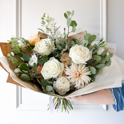 Garden-style Signature hand-tied bouquet with white and green flowers for same day delivery in Minneapolis