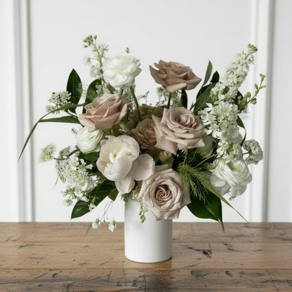 Classic refined sympathy arrangement with premium seasonal blooms in ceramic vase, delivered to South Minneapolis, St. Louis Park, and Uptown Minneapolis