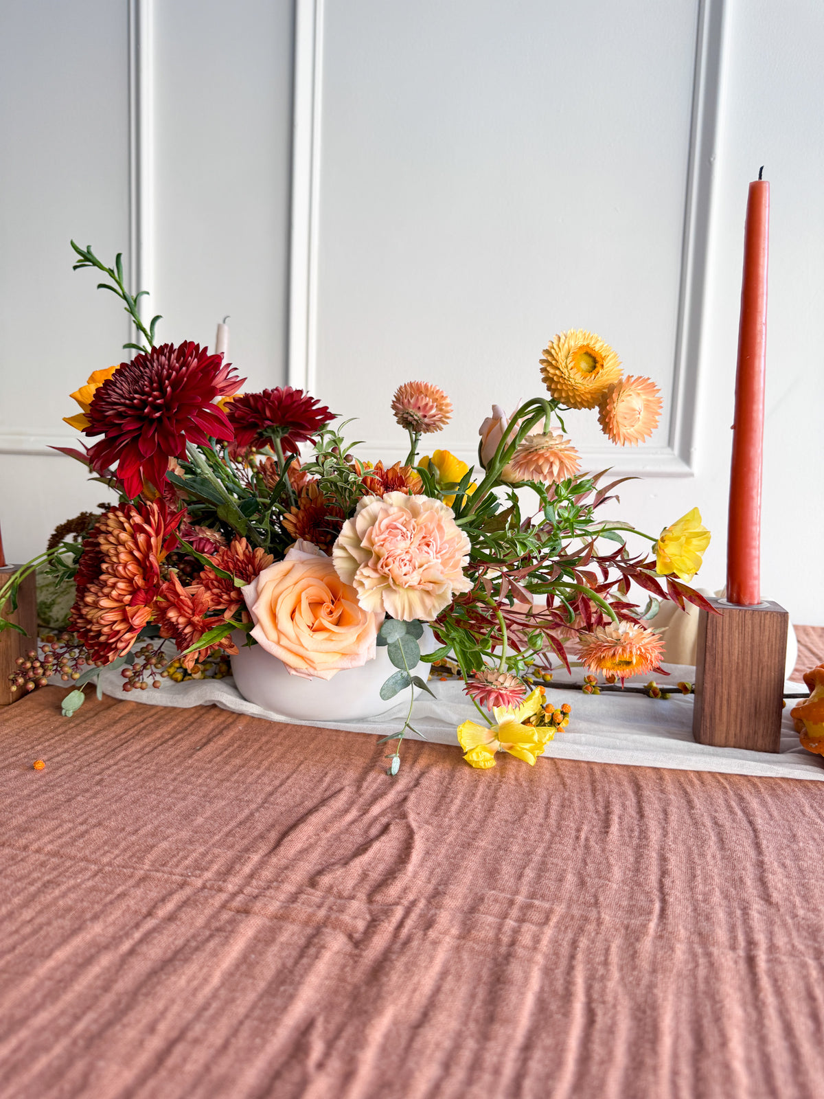 Elegant Thanksgiving floral arrangement with hand-selected autumn blooms and organic greenery, luxury centerpiece for Thanksgiving table