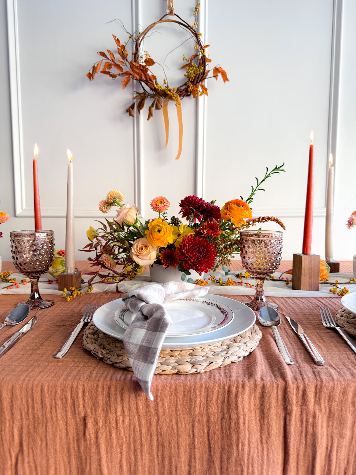 Elegant Signature Thanksgiving floral arrangement with hand-selected autumn blooms and organic greenery, luxury centerpiece for Thanksgiving table, available for Edina pick-up or Minneapolis delivery