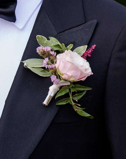Lavender boutonniere with greenery for an a la carte wedding celebration for order in Minneapolis for pickup in Edina.