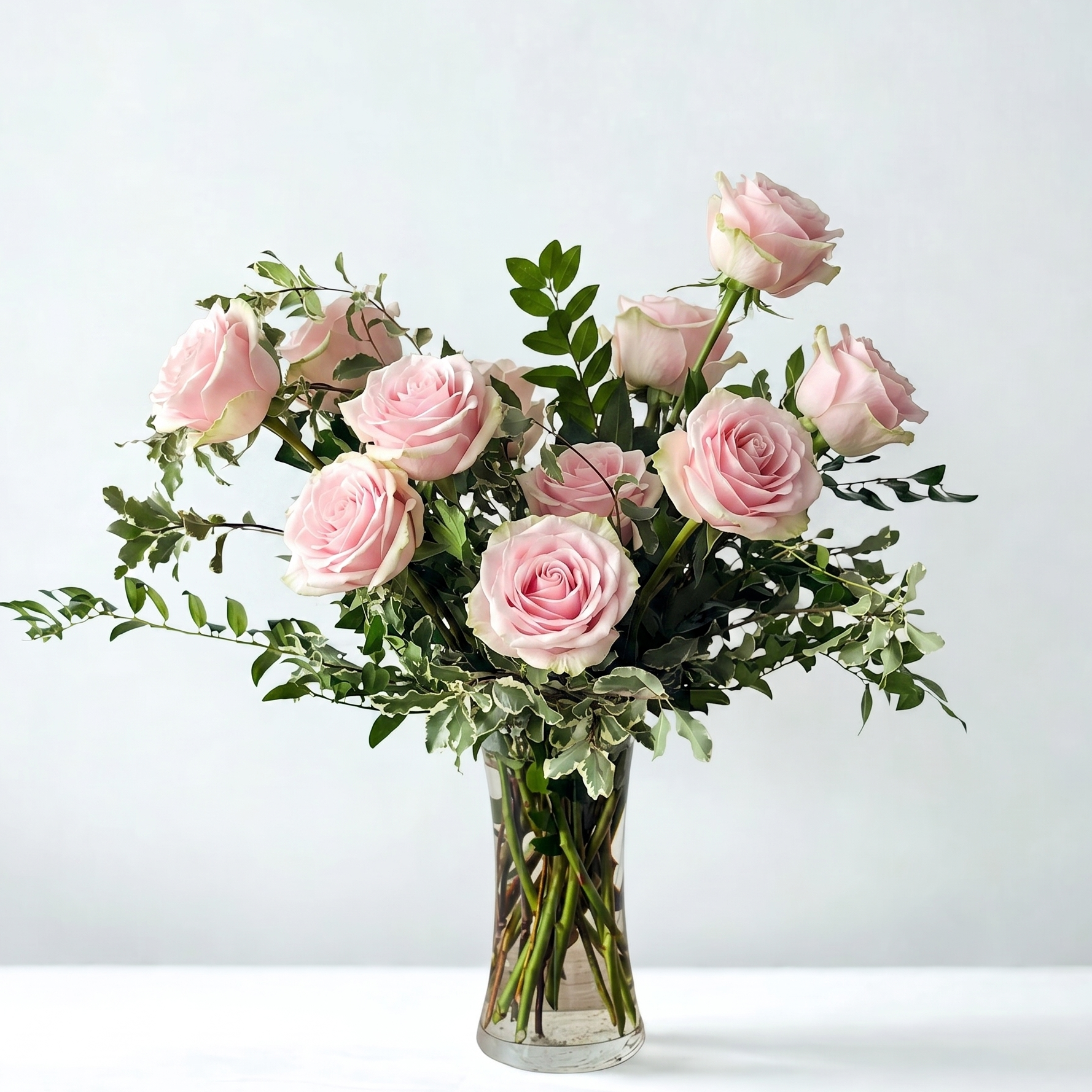 dozen blush pink roses in a glass vase for delivery. Edina Minneapolis florist. 