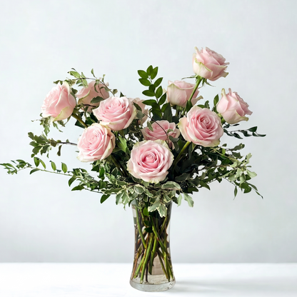 dozen blush pink roses in a glass vase for delivery. Edina Minneapolis florist. 