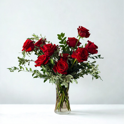 Romantic dozen red roses in a clear vase for delivery Minneapolis, Edina