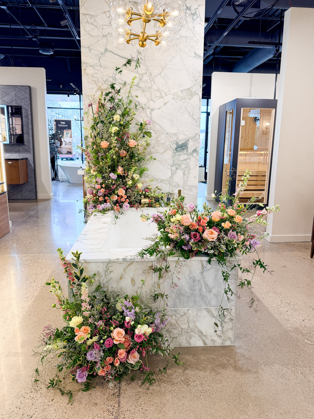A large scale brand event floral installation for Kohler in Minneapolis designed by The Petal. 
