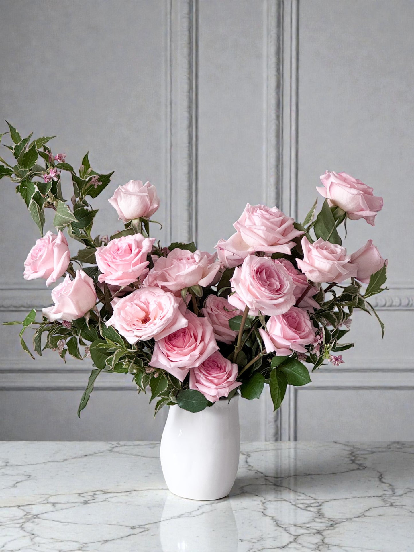 Arrangement of pink garden roses for birthday, anniversary or just because. The ultimate gift for her for delivery in edina, wayzata, plymouth and minneapolis by top florist, The Petal