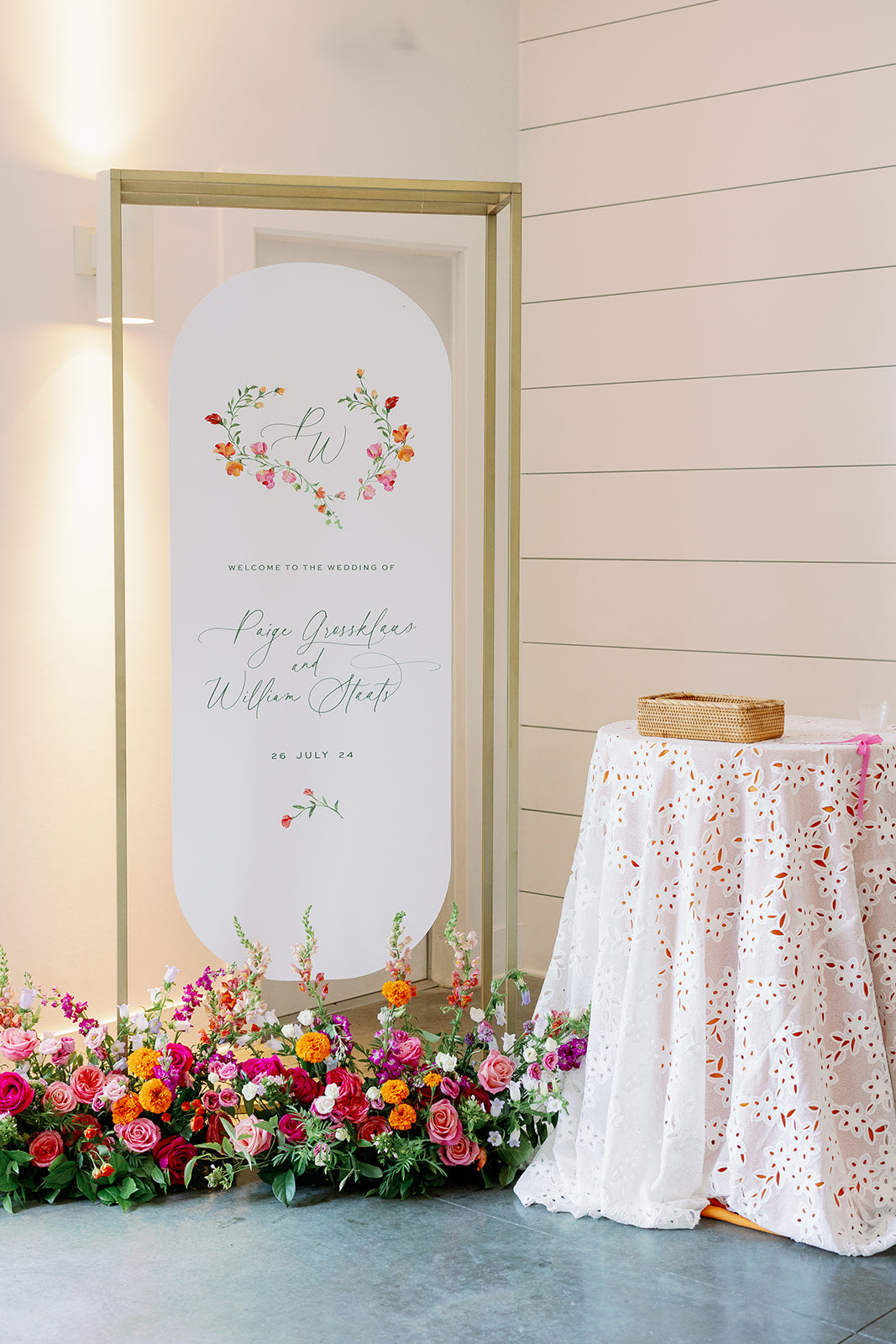 welcome sign florals for colorful summer wedding in plymouth
